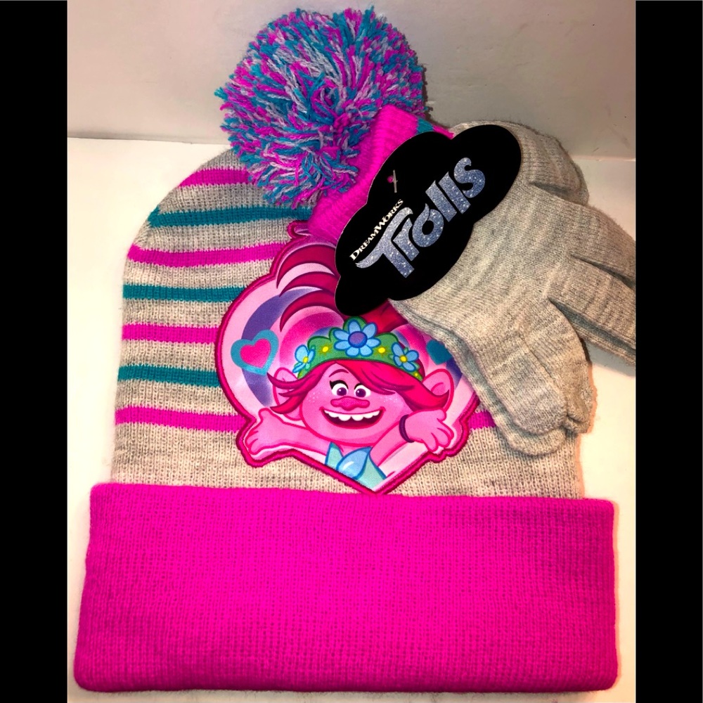 Dream Works Trolls poppy Pom Pom beanie w/mittens NWT